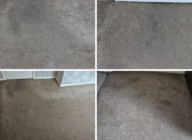 Living room carpet in Oldham before cleaning, showing heavy traffic lanes, flattened fibres and dirt near the sofa