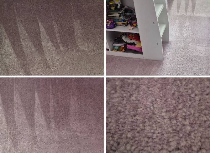 Collage showing clean carpet with fibres lifted after professional cleaning.