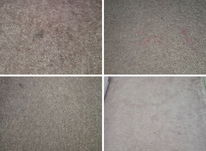 Collage showing carpet stains and flattened fibres before cleaning.