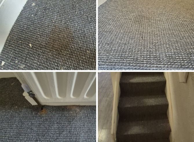 Dirty carpets in bedrooms, stairs and landing with stains and heavy traffic marks