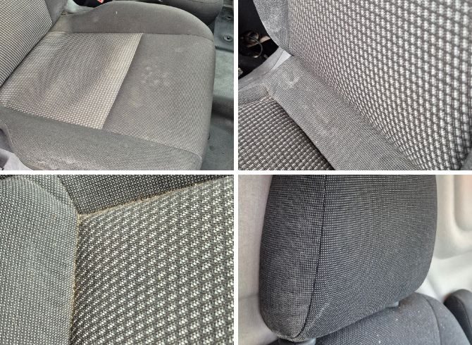 Before and after van seat cleaning with coffee and dirt stains removed