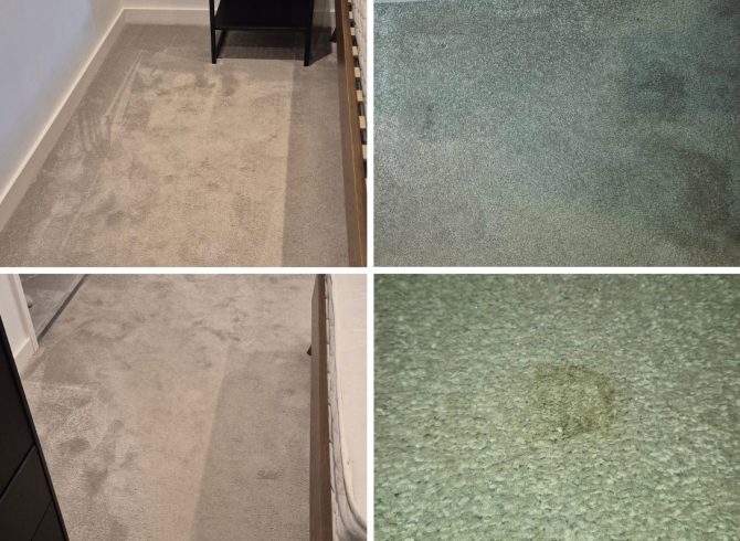 Close-up of beige carpet in a Salford apartment before professional cleaning, showing flattened pile and small stains across the surface.