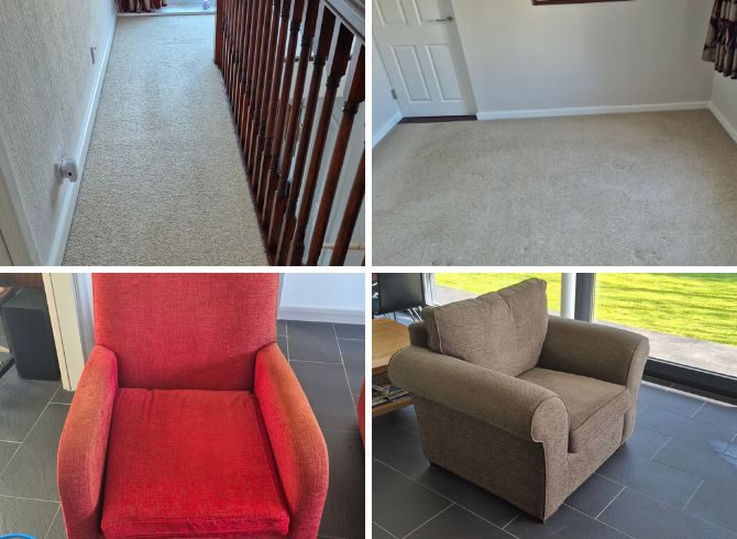Landing, stairs and dining room carpets before cleaning in Rochdale with slightly flattened pile