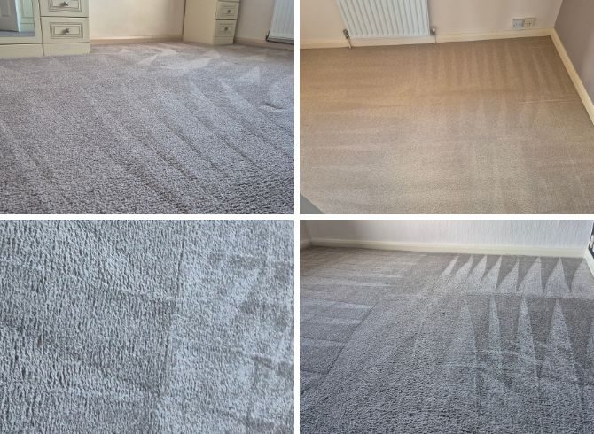 Collage showing the same carpets after professional cleaning, with stains removed and fibres looking fresh and refreshed