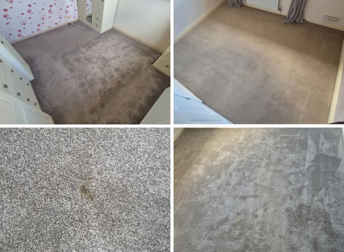 Collage showing bedroom, stairs and living room carpets before cleaning, with visible stains and a tired, heavily used bedroom carpet