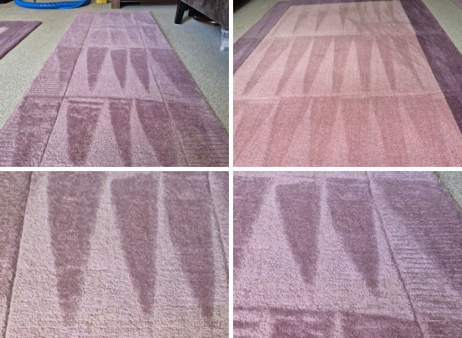 Two wool rugs after professional hot water extraction cleaning with stains removed and colours restored